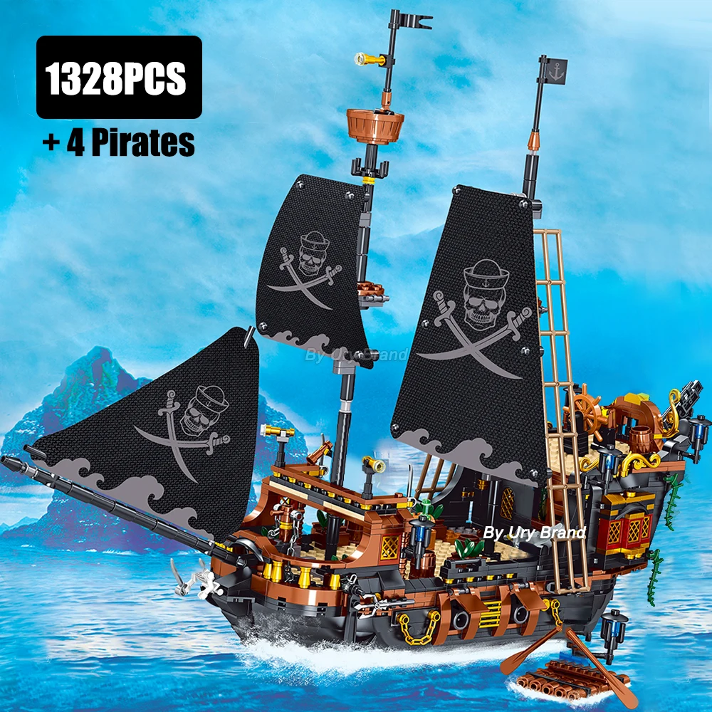 

1328PCS Black Pirates Ship Building Blocks Adventure Pearl Boat Island Storm Vessel Flagship Movies Brick Model Toy for Kid Gift