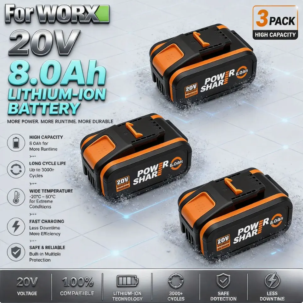Batteria Originale Worx 20V 8.0Ah ad Alta Capacità, Modelli WA3553 WA3551 WA3553.1 WA3570, per Tutti gli Utensili Elettrici WORX