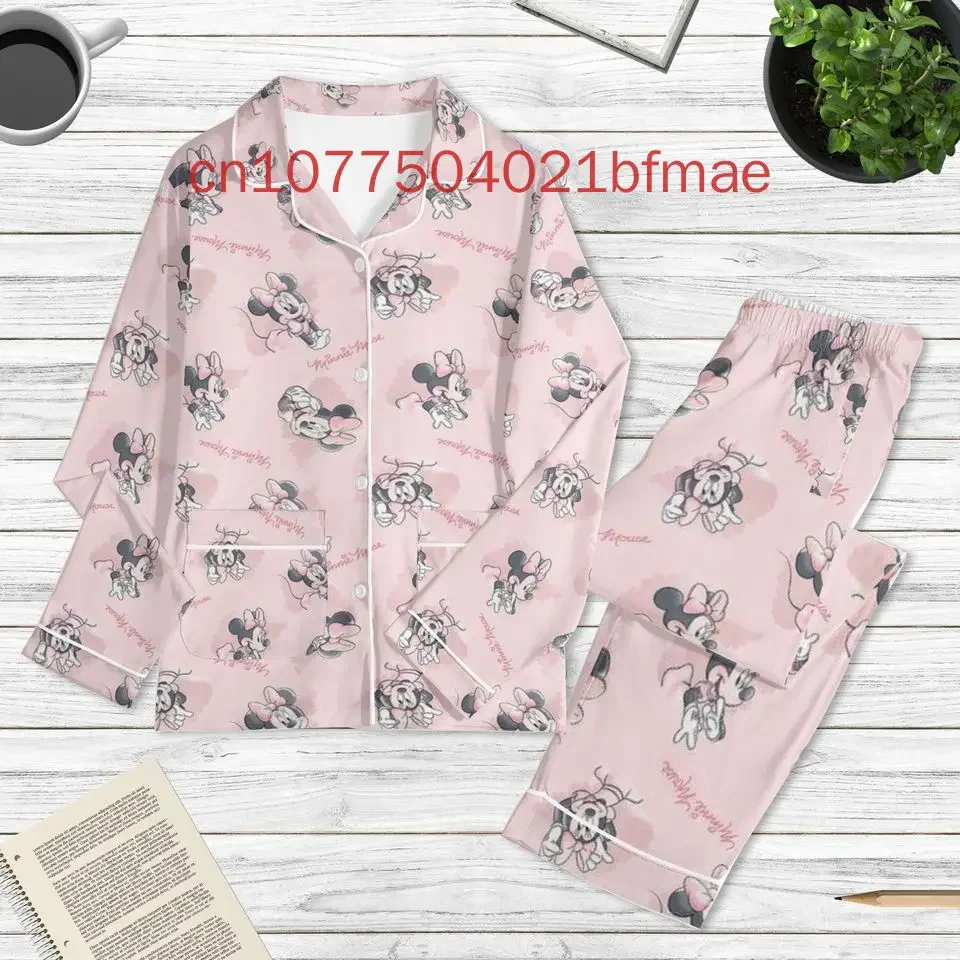 2024 Disney Cute Minnie Pajamas Set Spring and Summer New Women's Casual Shirt Long Sleeved Pajamas