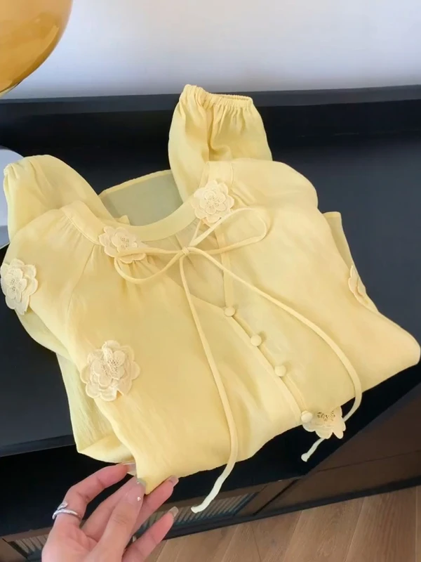 

Корейский женский свободный топ с желтым 3D цветком и длинным светом irt, модный дизайн, осеннее новое поступление, удобный дышащий