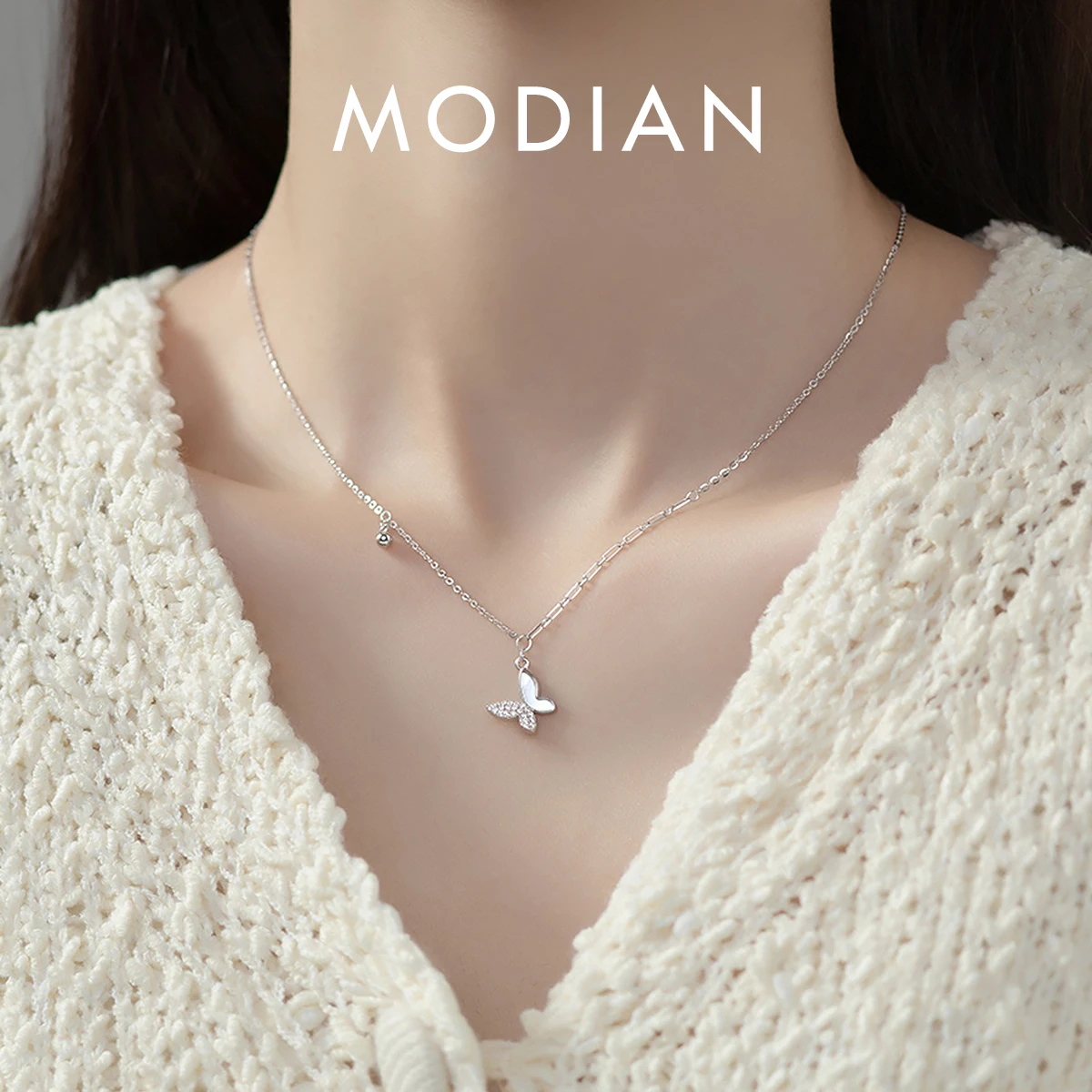 

MODIAN 925 Sterling Silver Shell Pearl Butterfly Luxury Pendant Necklace Pave Setting CZ For Women Valentine's Day Gift Jewelry