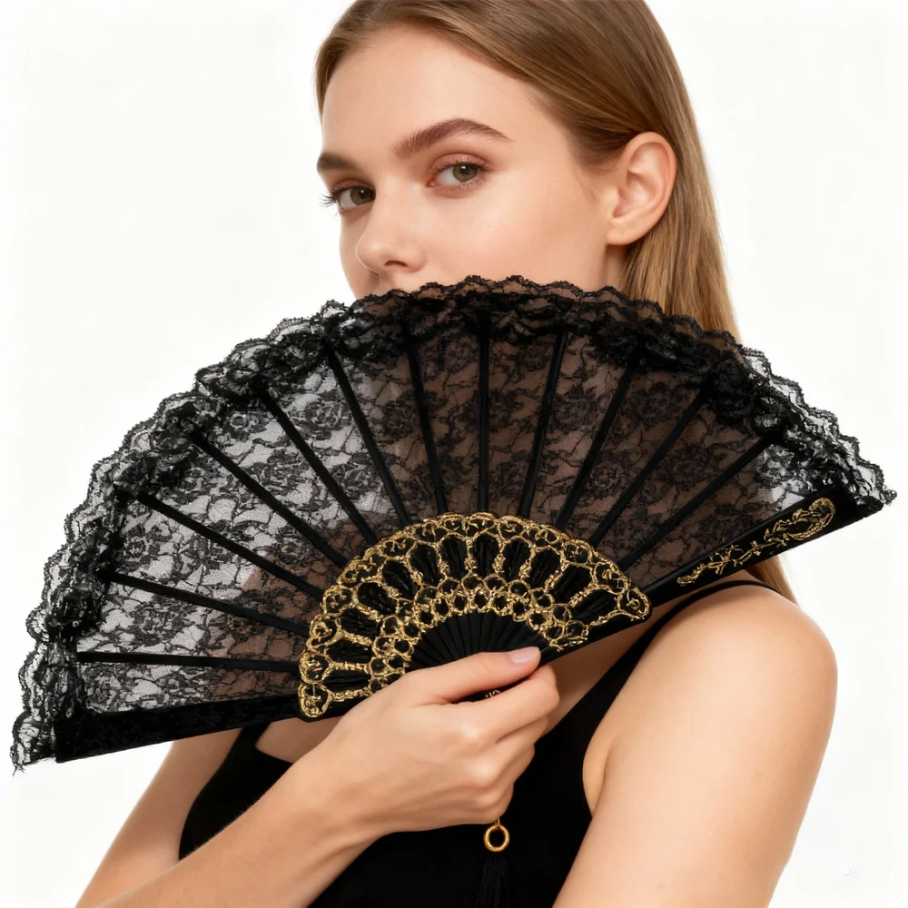 PESENAR 1920s Style Black Lace Fan for Flapper Costume and Vintage Gatsby Accessory
