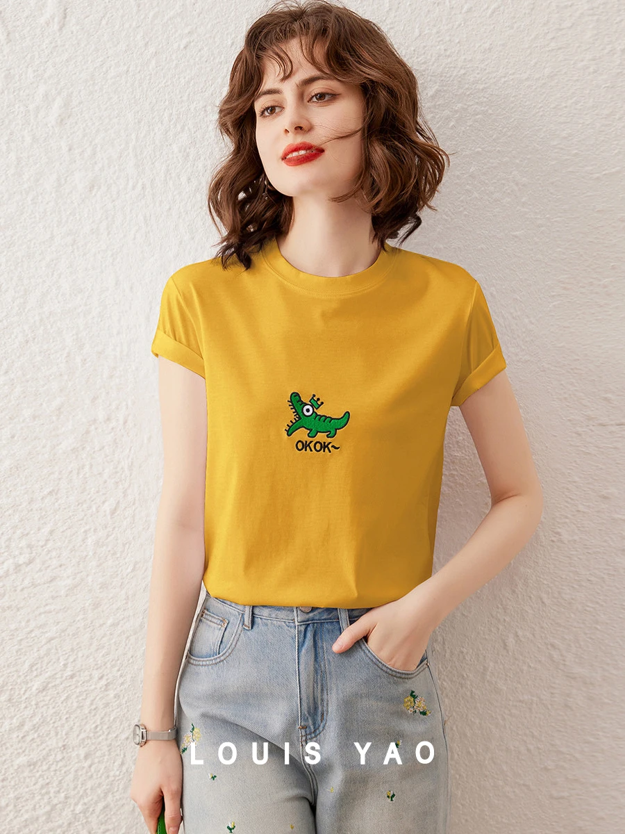 LOUIS YAO Women T-shirt 2024 Summer Crocodile Embroidery Tee Fashionable Casual Basic O Neck Short Sleeve Pullover Top