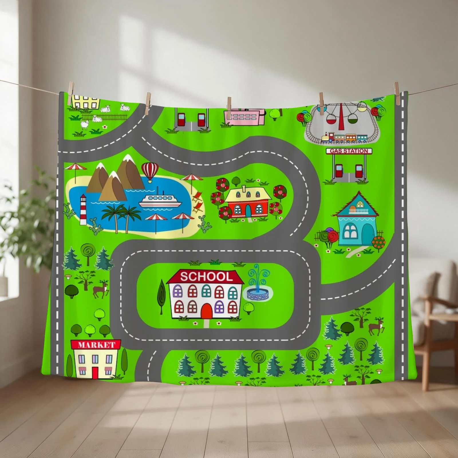 Kids Street Road Cars House Throw Blanket couch cozy soft plush fuzzy picnic outdoor blanket