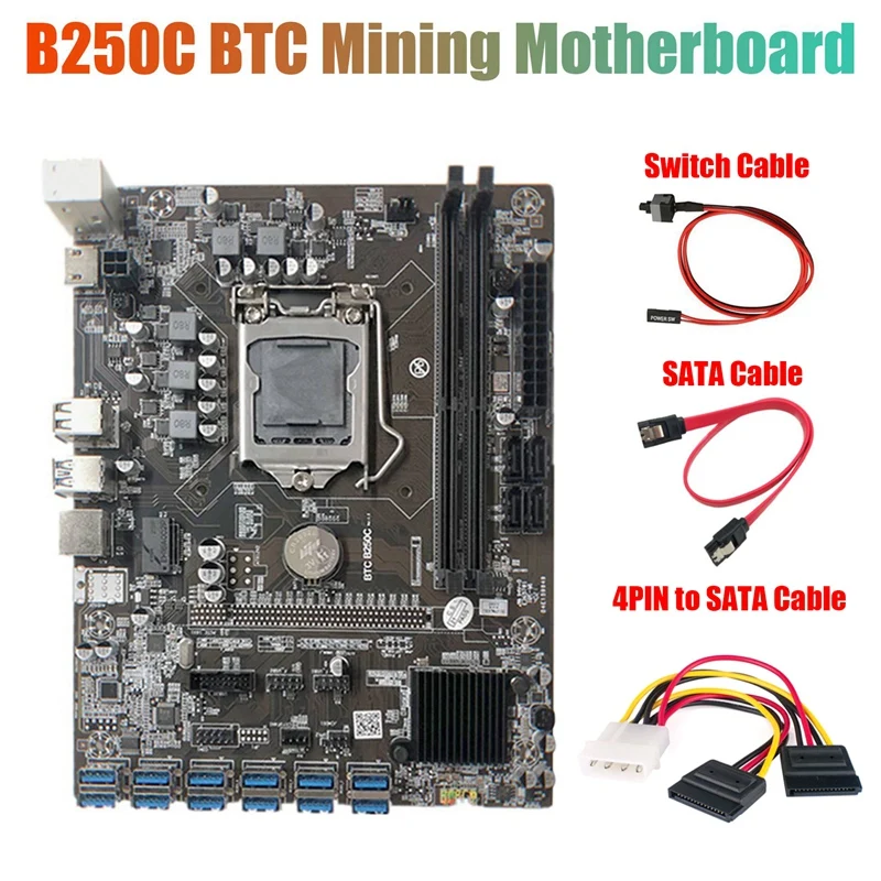 B250C Mining Motherboard With 4PIN To SATA Cable+Switch Cable+SATA Cable 12 PCIE To USB3.0 GPU Slot LGA1151 Support DDR4