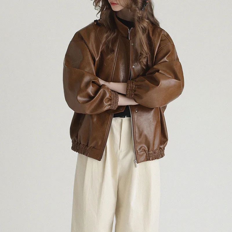 Women Cow Leather Coat Bomber Jacket Spring Autumn American Vintage Brown Waxy Leather Pilot Jackets Oversize Roupas Femininas