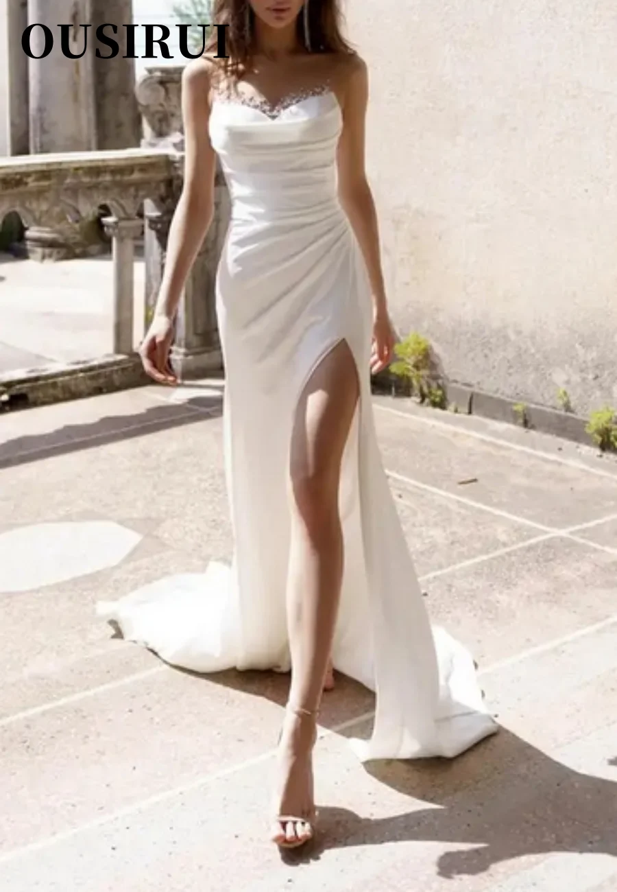 Sleeveless Slit Formal Party Bridal Gowns Mermaid Wedding Dresses Beaded Crystal Sheer Neck Women Elegant Bride Dresses