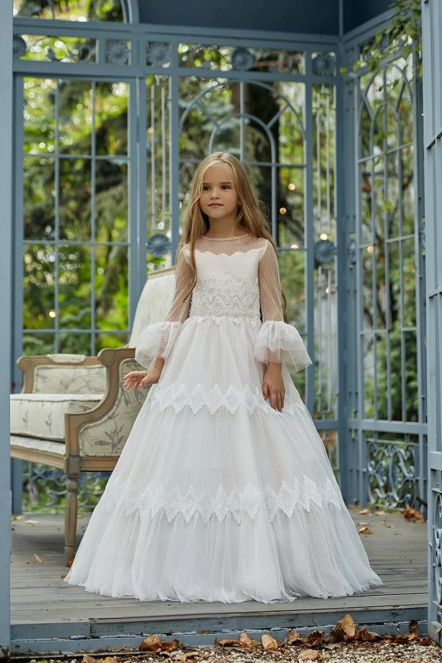 Lace Flower Girl Dresses For Weddings A-line Long Sleeves Tulle Long First Communion Dresses For Girl Little