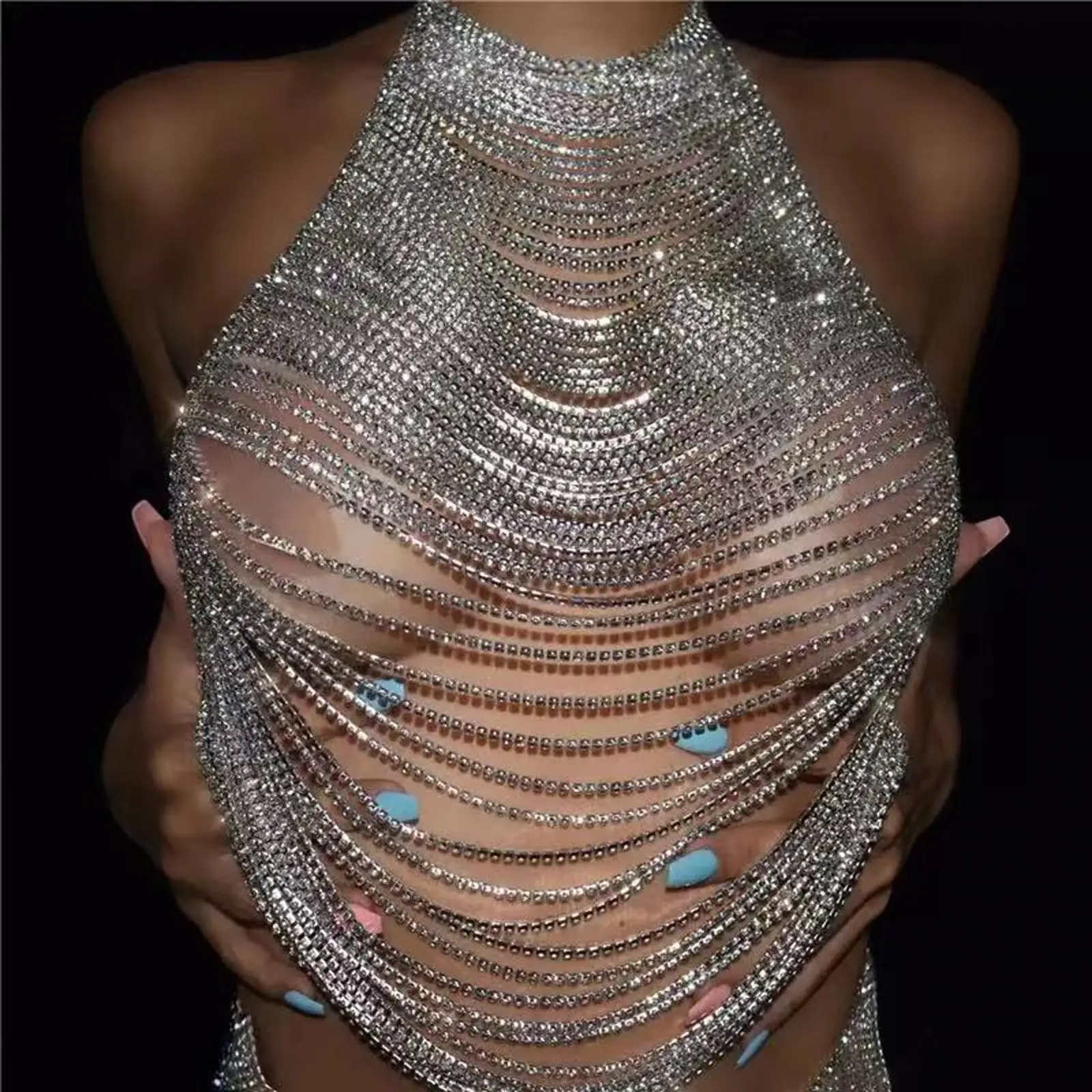 Rhinestone Body Chain Bra Bikini Chain Trendy Fashion Bikini Jewelry Women Sparkly Chest Chain for Beach Belly Dance Festival