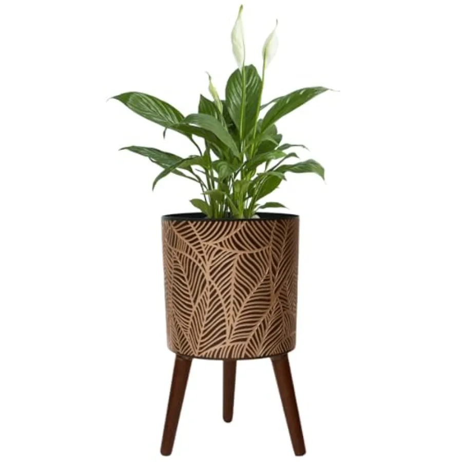 

Black Plant Pots for Indoor Plants Large Boho Flower Pot with Stand Modern Planters with Gold Floral Embossed Standing Planter