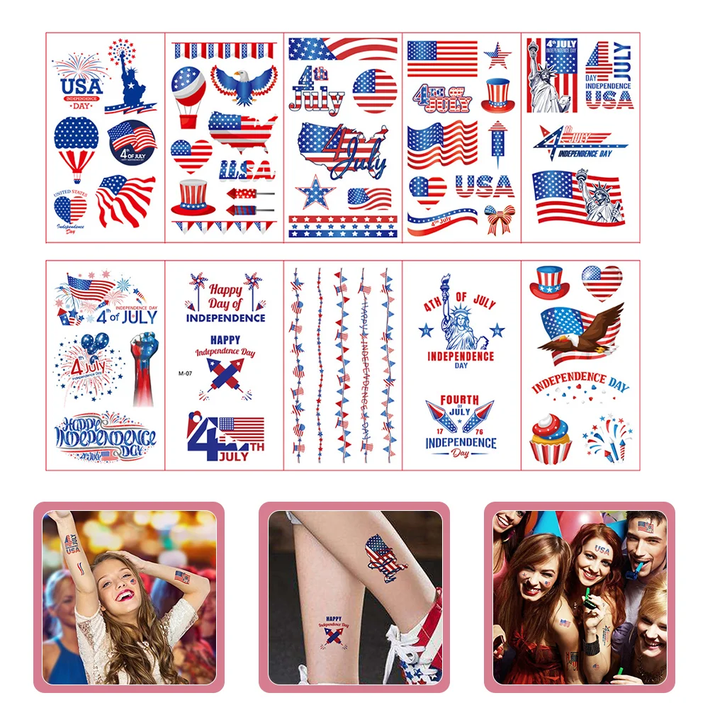 

10 Sheets American Flag Tattoos Decals Independence Day Temporary Tattoos Stickers