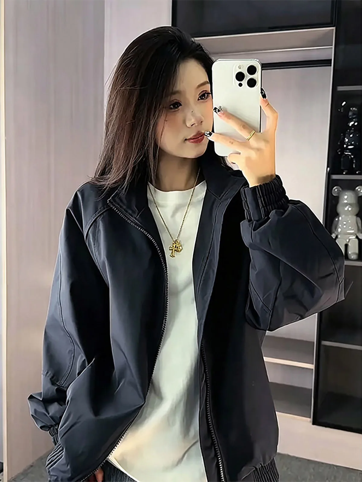 Men's Flight Jacket Baseball Style Patchwork Stand Collar Short Coat Autumn Season Casual Loose Fit No Brand Registered