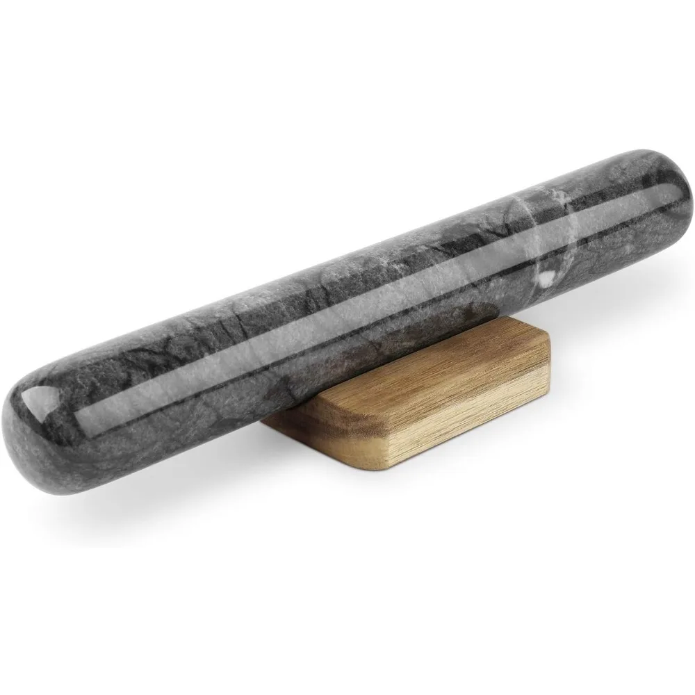 

dowel rolling pin, 11-inch black marble with wooden holder base stand, marble rolling pin for baking pastry pizza dough roller