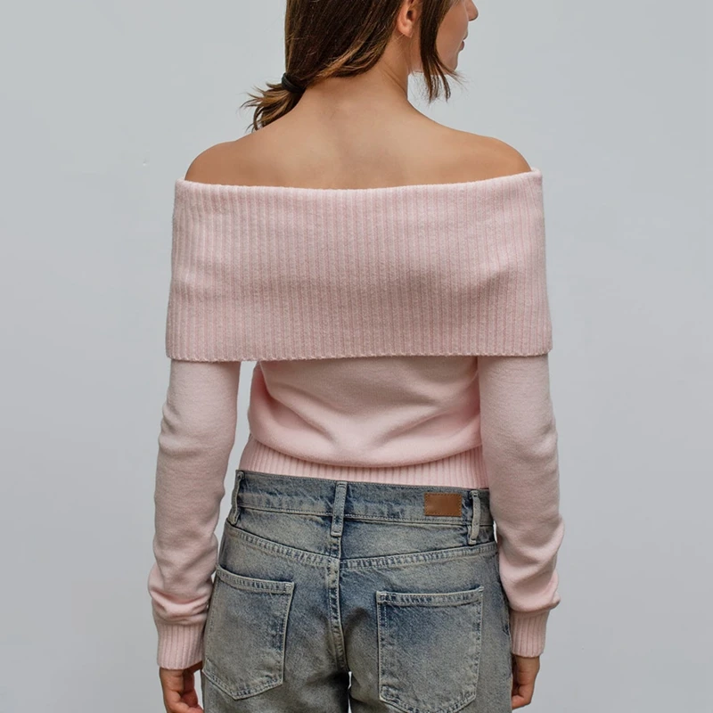 Elegant Off Shoulder Sweater Solid Color Fold Over Long Sleeve Knitwear Crop Tops Woemn Casual Fall Slim Fit Pullover Streetwear