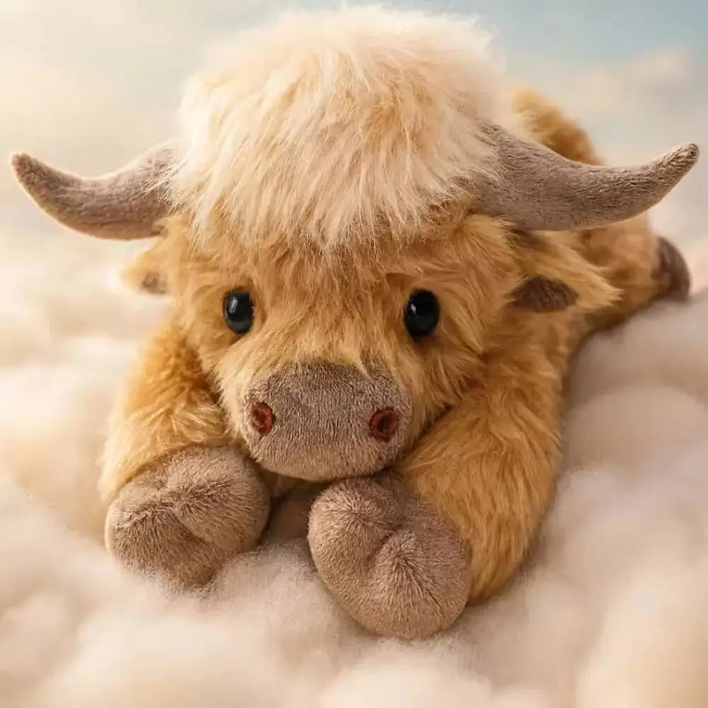

35cm Simulation Lying Highland Cow Plush Toy Soft Stuffed Highland Cow Animal Doll Home Decor Baby Companion Doll Kid Xmas Gifts