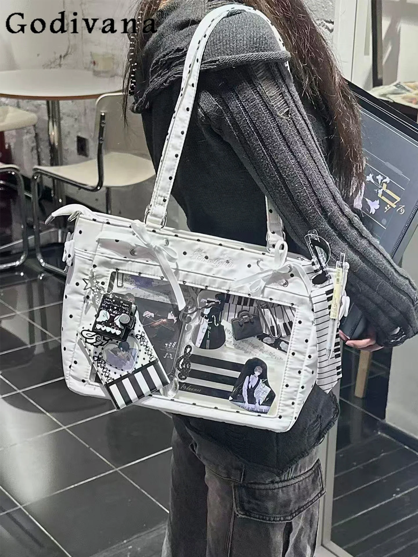 

2D японская оригинальная сумка для боли в стиле Лолиты, прозрачная большая вместительная повседневная универсальная сумка на плечо в горошек для женщин