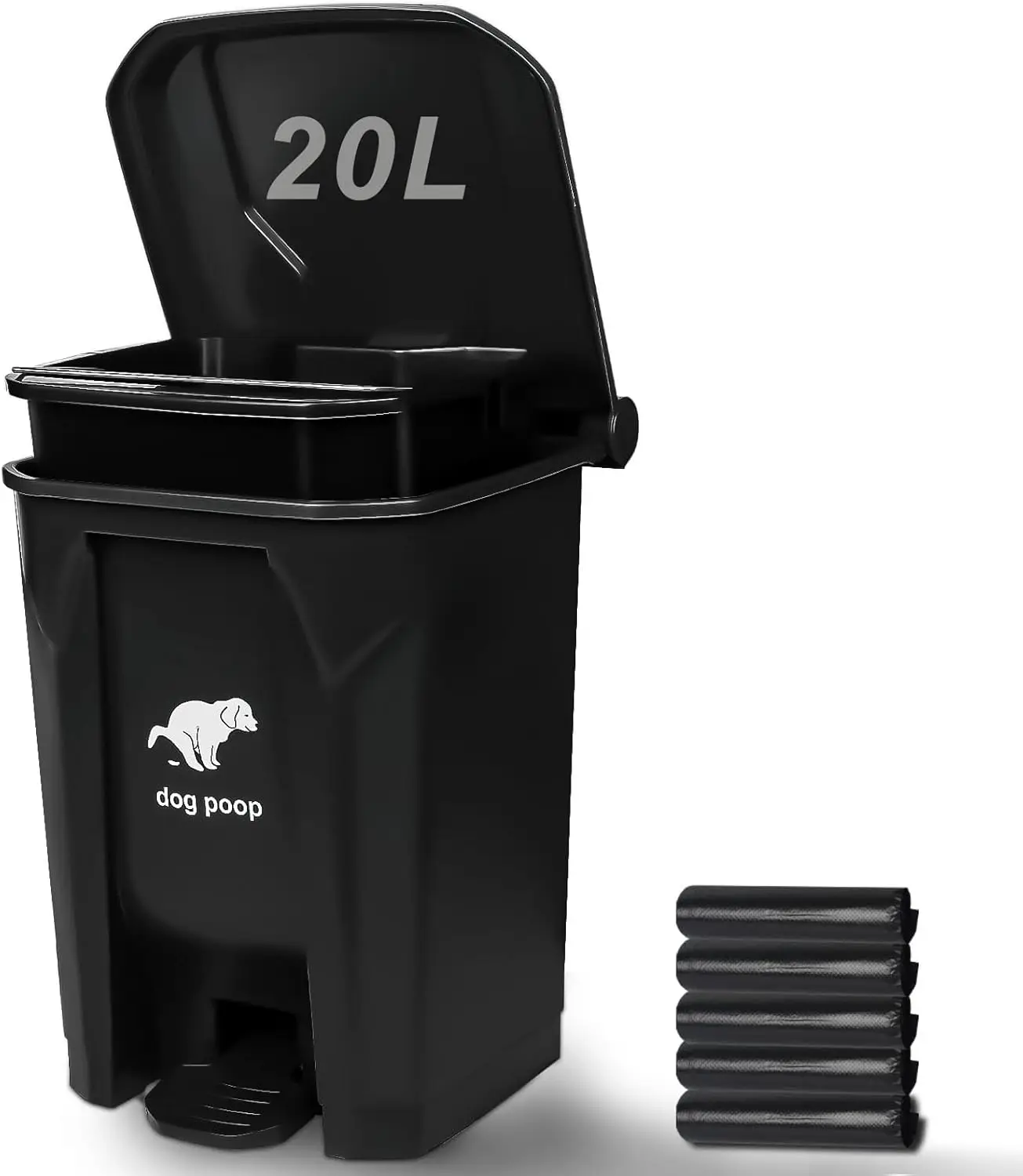 

20L Outdoor Dog Poop Trash Can with Pedal, Removable Inner Bin and 100 Bags, Black