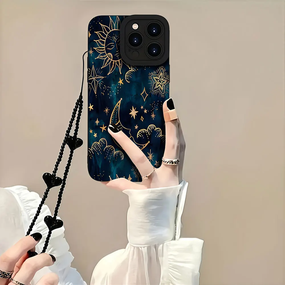 Luxury Sun Moon Star Phone Case For iPhone 17 16 15 14 13 12 11 Pro Max 8 15 16 14 Plus XS 16E TPU Anti-smudge With Strap Cover view 4