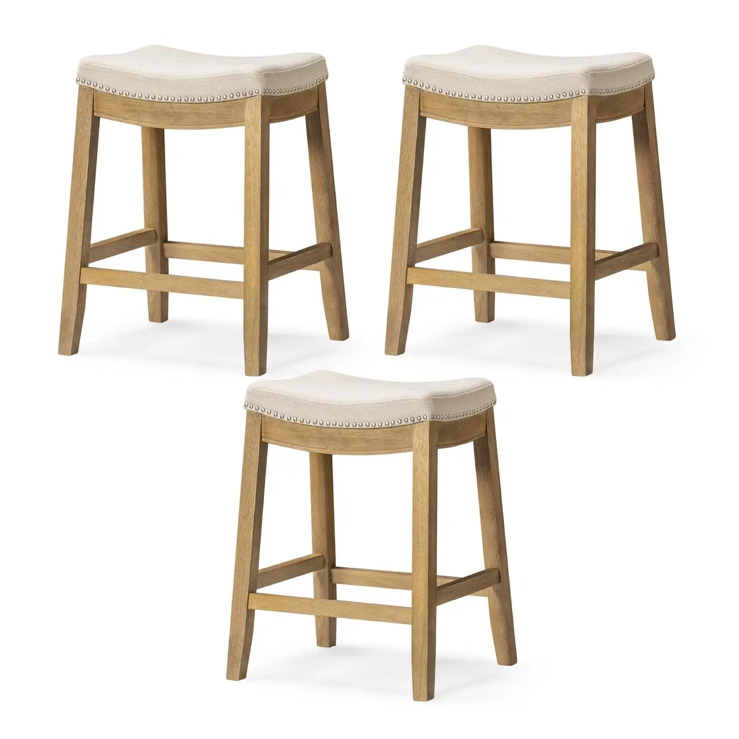 

Backless Counter Stools 26in Set Of 3 Saddle Stools With Footrest Solid Wood & Fabric Upholstery For Kitchen Islands, Customized