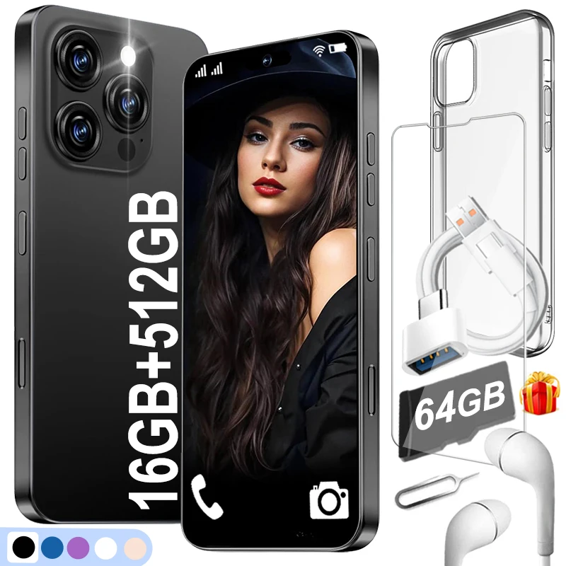 Разблокировка смартфона i16 Pro Max и набор TF-карт 64 ГБ для Android, сотовый телефон FHD 6,9 дюйма, 16 + 512 ГБ, приложение для магазина GOodplay, Dual SIM Wi-Fi GPS