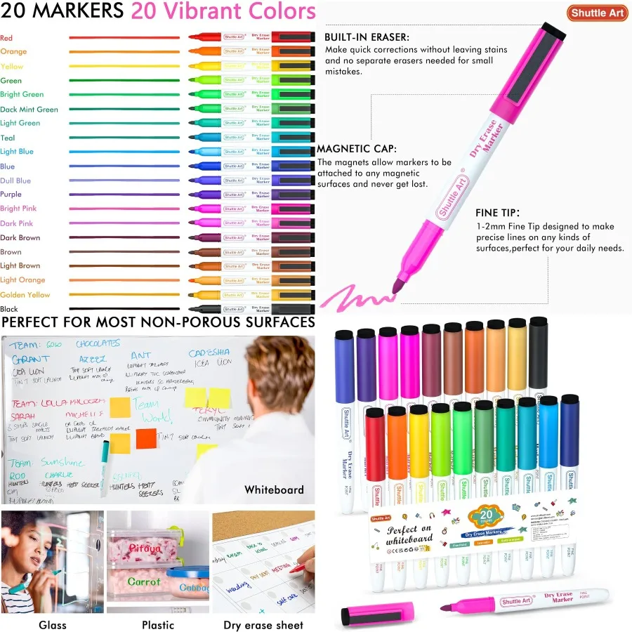 

Магнитные маркеры для досок Shuttle Art, 20 шт., тонкий наконечник и ластик, маркеры для досок для сухого стирания для письма на досках W