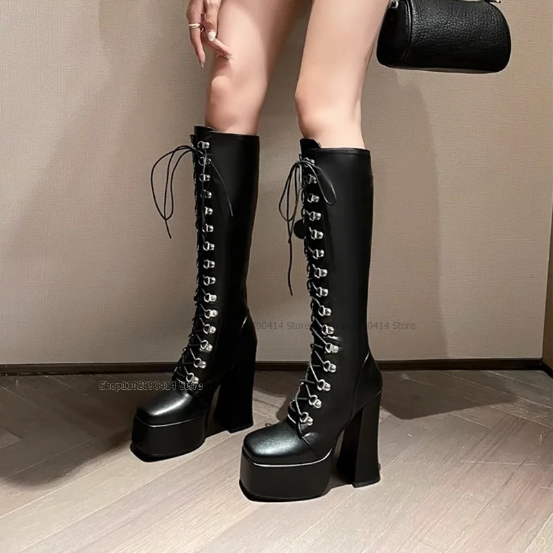 Black Matte Leather Square Toe Platform Boots Cross Tied Women Shoes Chunky High Heels Fashionable Sexy 2023 Zapatos Para Mujere