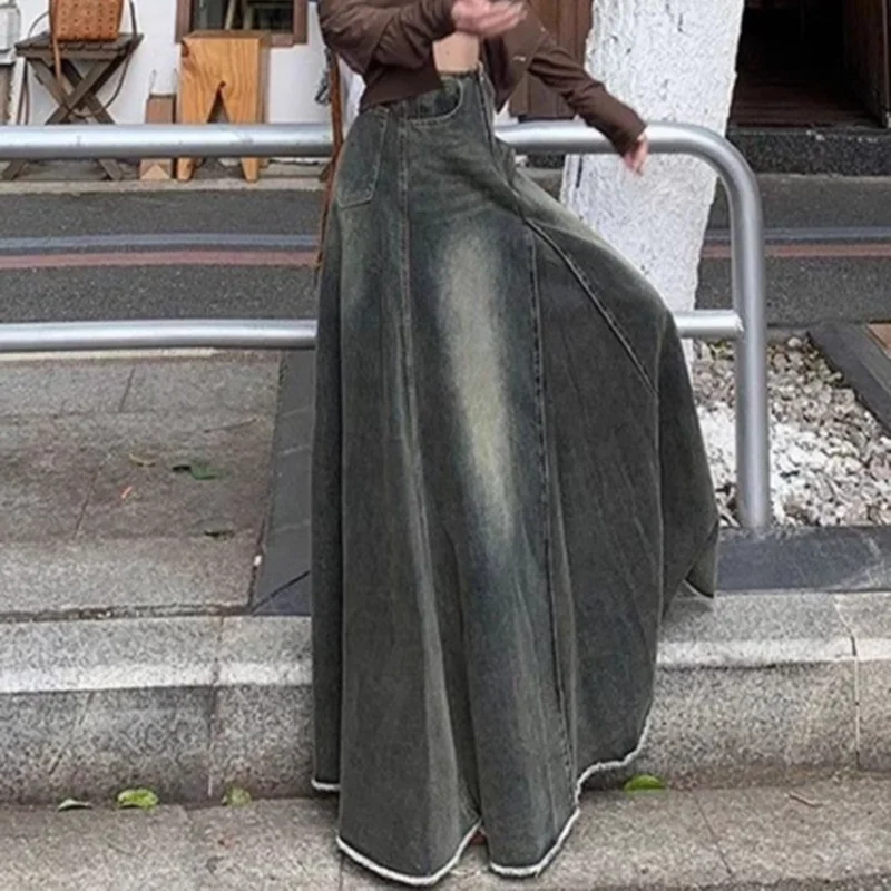 American Denim Skirt Women Street Vintage A Line High Waisted Skirt Slim Harajuku Y2K Casual Drop Skirt Classic Simple