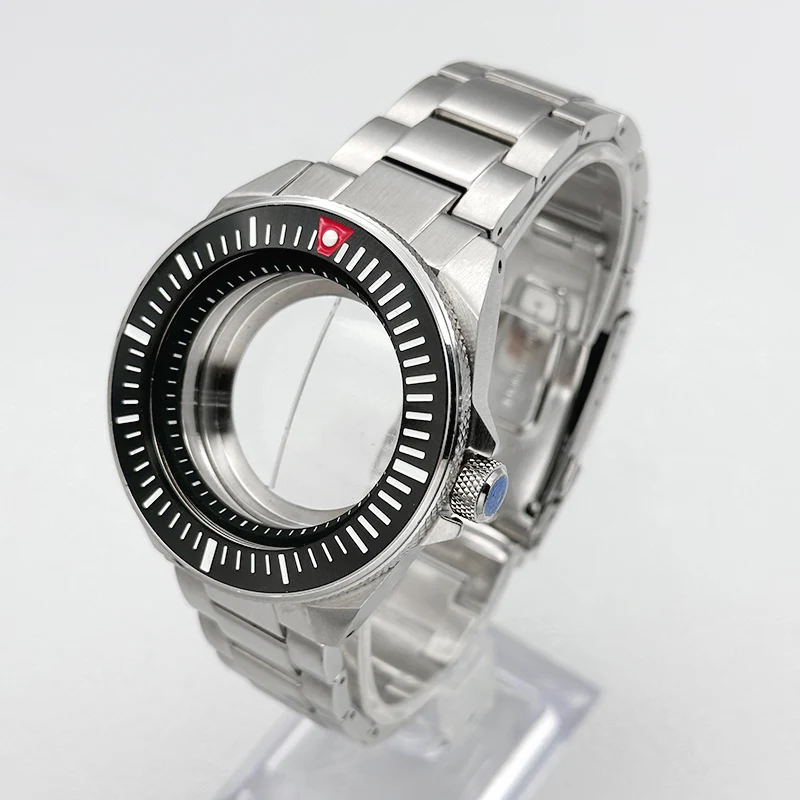 44mm Silver NH35 King Samurai Watch Case Transparent Back Cover Fits NH35 NH36 4R 7S Movement With Steel Watch Strap Watch Cases