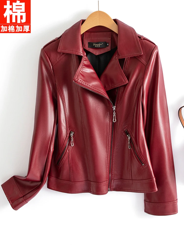 Leather  jacket women's short 2025 spring and autumn new sheepskin suit collar locomotive leather jacket large size cotton