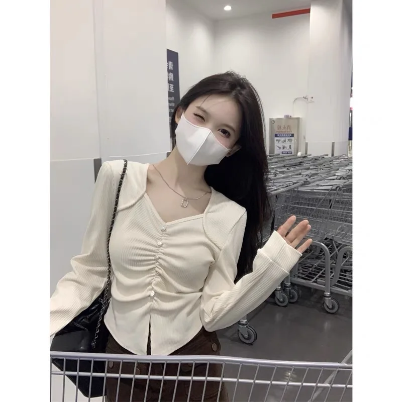 تي شيرت نسائي طويل الأكمام من القطن القوطي الأنيق مع ياقة مربعة وحواف من الدانتيل لنمط ملابس الشارع اليومية للخريف #2