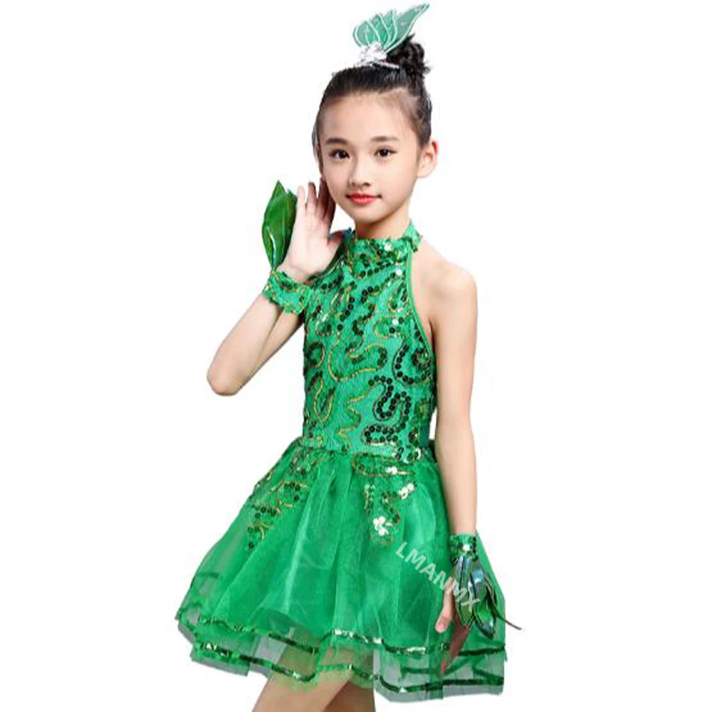 Bling Girl Latin Dancewear Kids Veil Dresses Students Green Tutus Sequined Stage Perform Costumes with Gift Flowers