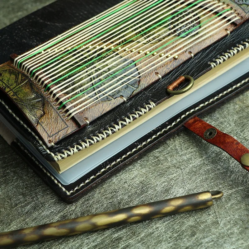 Leather guzheng hand ledger handmade thickened cowhide notebook loose-leaf a6 musical instrument creative diary notepad gift