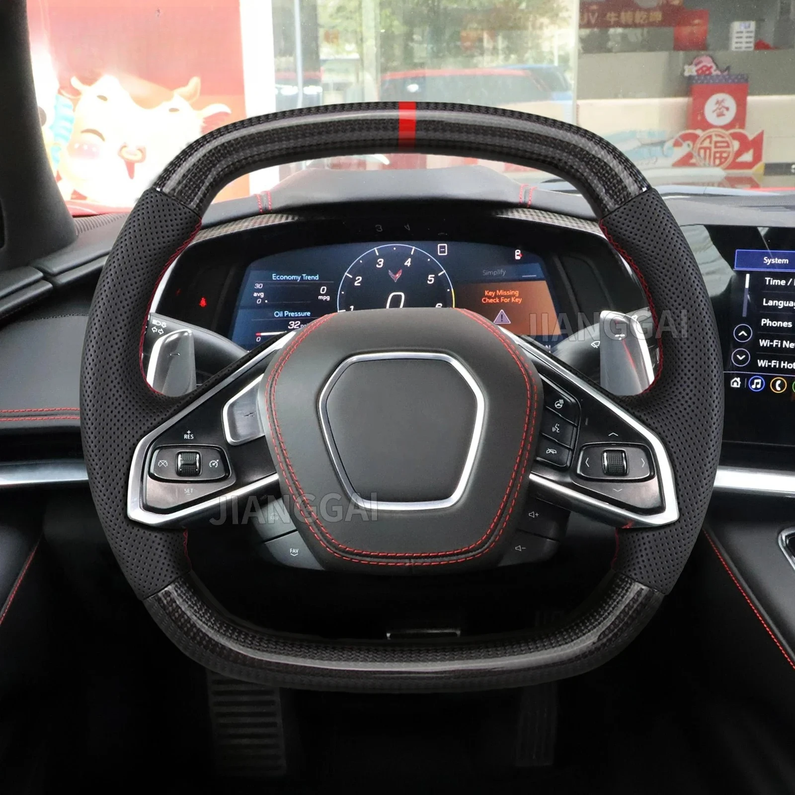 

Для Chevrolet Corvette C8 Z06 Z07 2020-2024: Руль из настоящего карбона с плоским верхом и нижней частью, красной строчкой, без подогрева