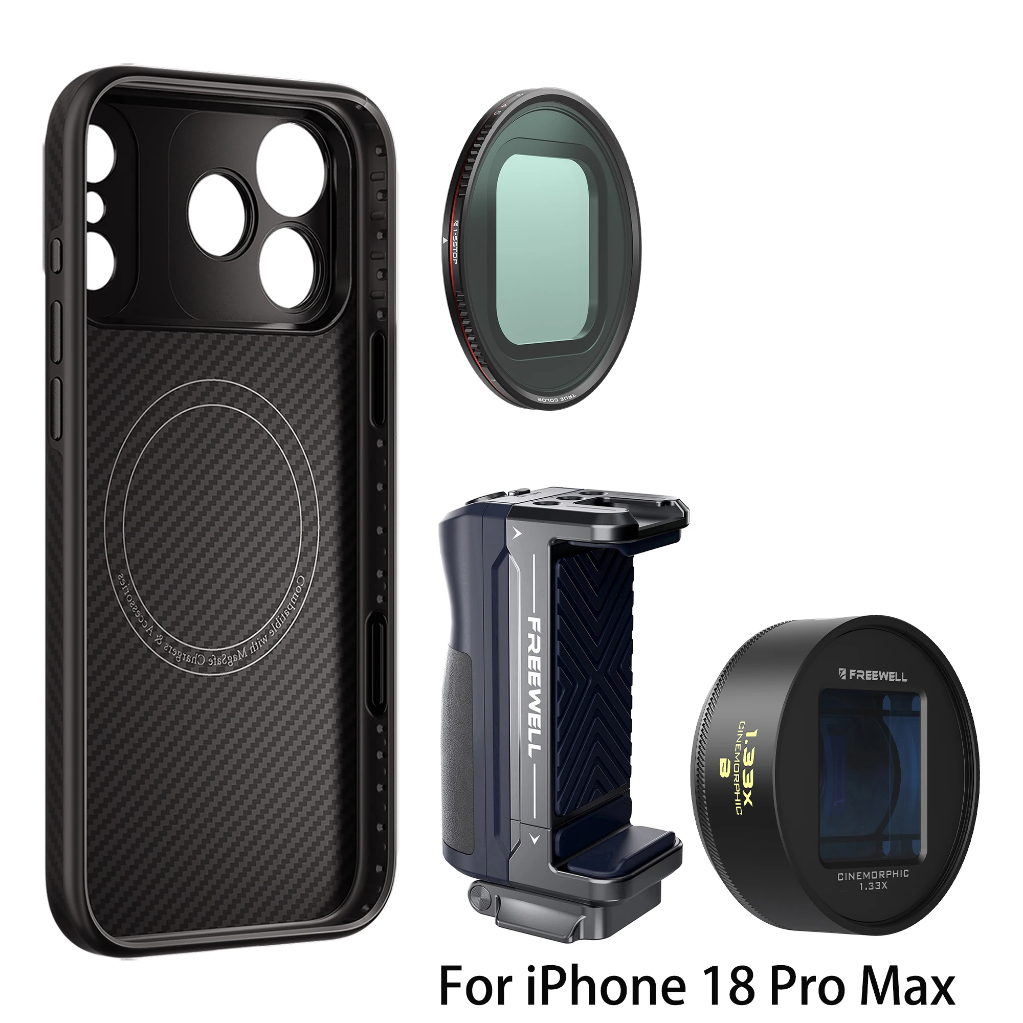 Freewell telefoonfotografiekit, met een telefoonhoesje met een 17 mm bevestigingsbeugel en een 1,33x blauwe anamorfe lens, voor iPhone 18/17/16/15 Pro & Pro Max.