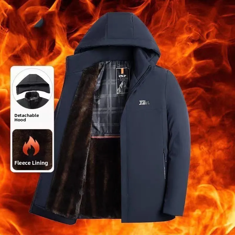 

Thiened Fce Lined Men's Cotton Jaet Dad Sle Businwear for Middle-aged And ly Men Long Sve Stand Collar Coat