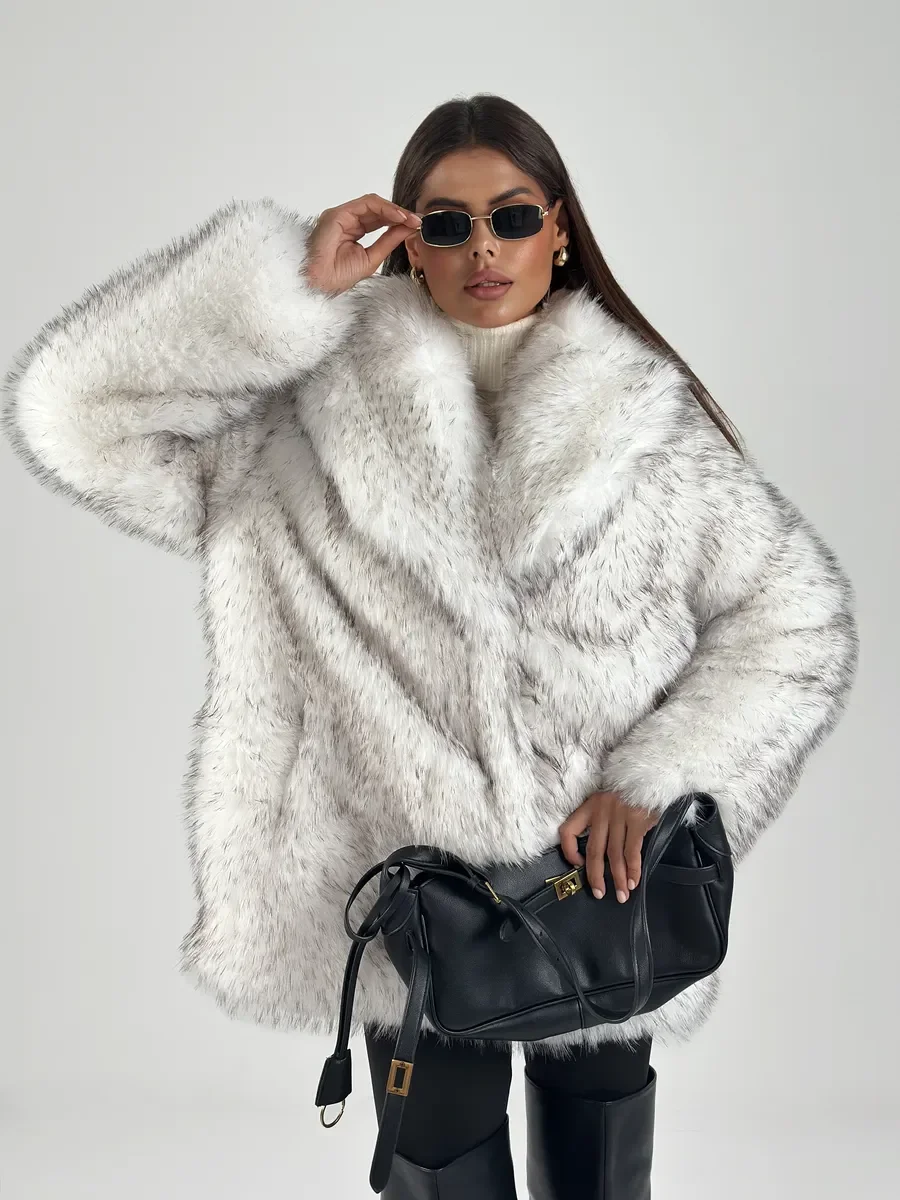LIMO Ladies Mottled Faux Fur Jacket Big Collar Open Front Casual Loose Fit Fashion Plush Outer Coat