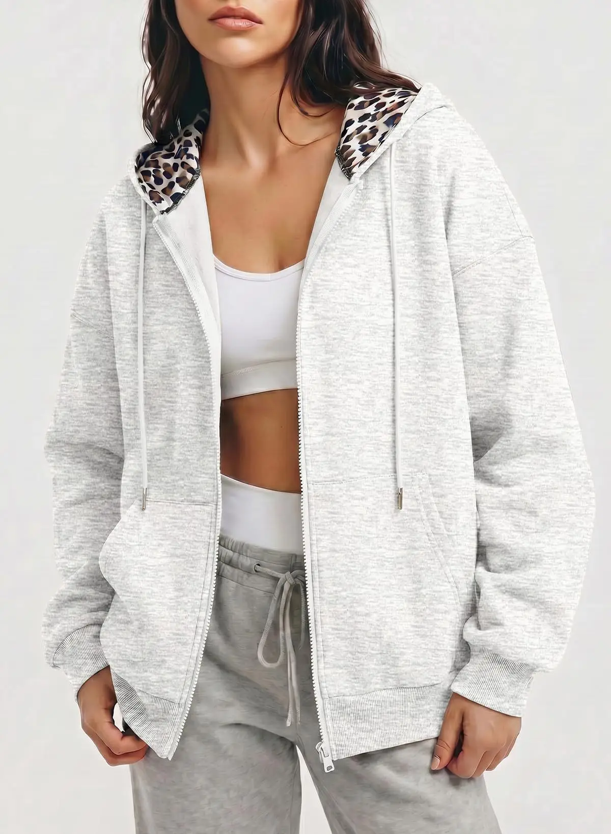 Women's Full Zip Hoodie with Leopard Hood Lining Oversized Long Sleeve Jacket Winter Warm Fleece Lined Sweatshirt Streetwear