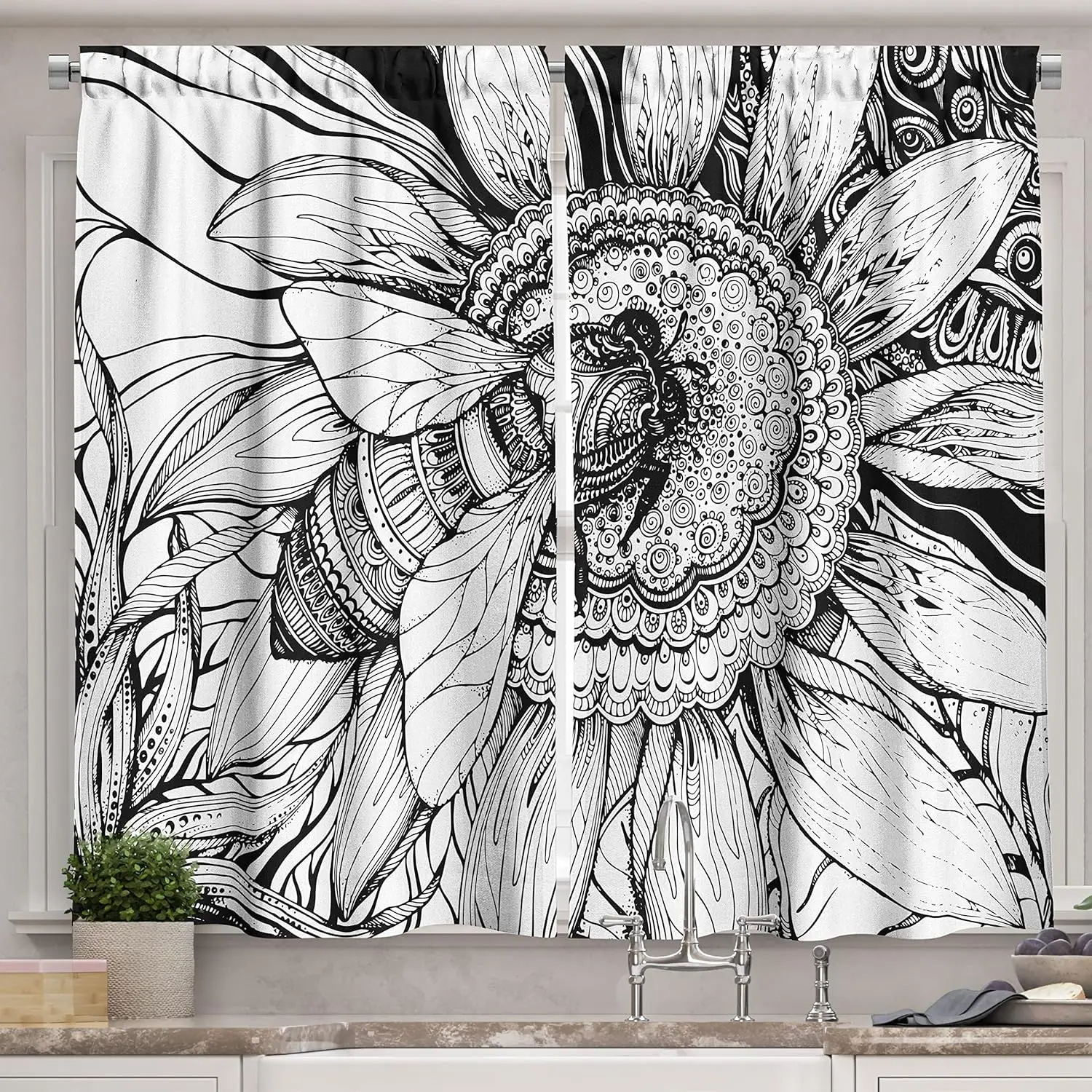 Kitchen Curtains, Bee on a Flower Honey Pollen Floral Mother Earth Phase Wildlife Digital Print, Window Drapes 2 Panel Set for