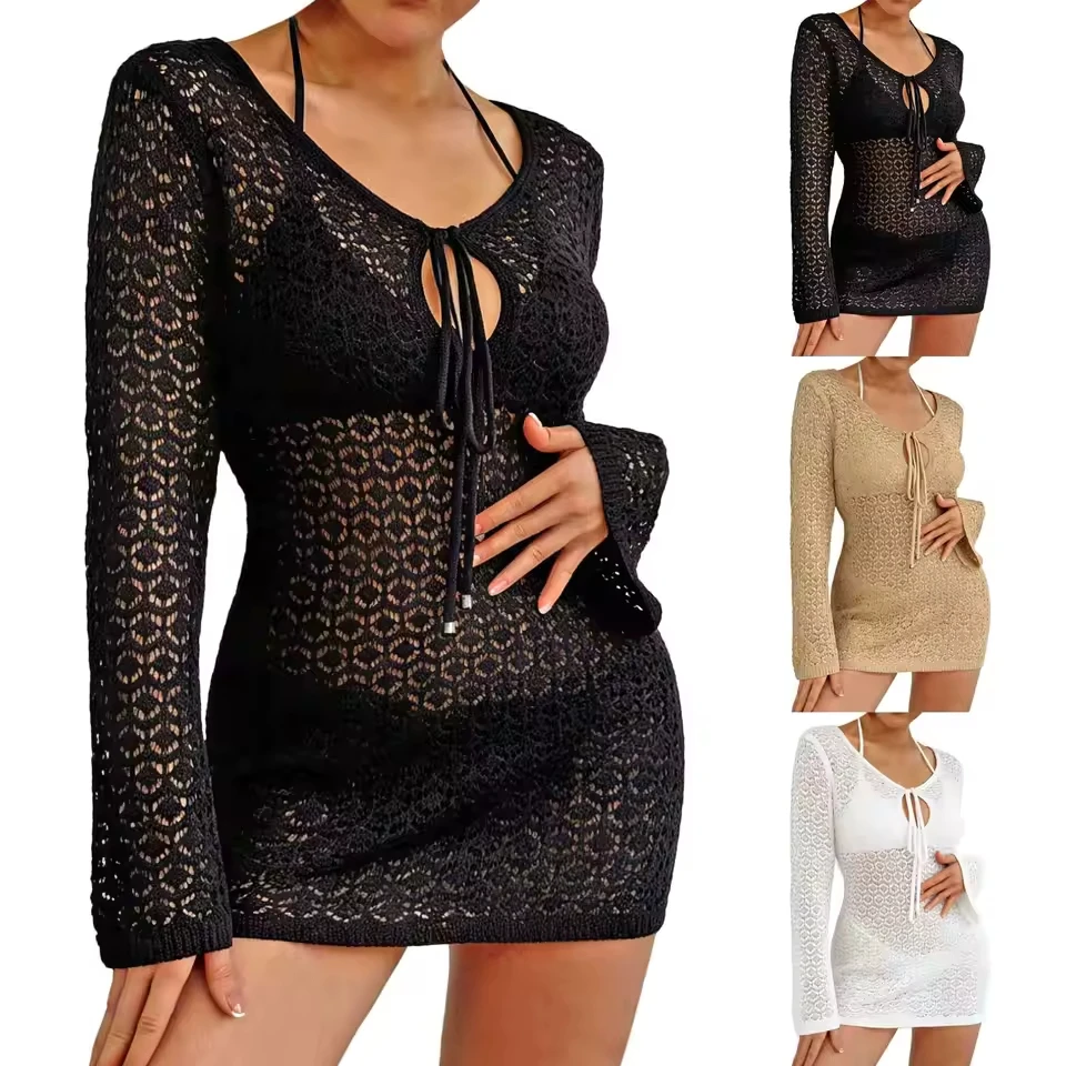 

Womens Transparent Crochet Swimsuit Cover Up Long Sleeve Hallow Out Off Shoulder Mini Dresses Sexy Beach Vacation Womens Dresses
