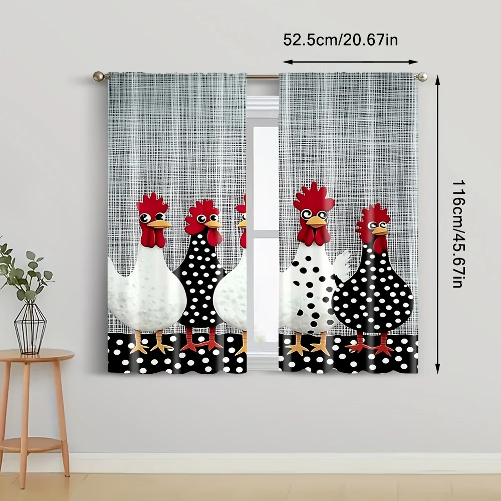 VIKAMA Chicken Window Curtains Rustic Kitchen Curtains with Rooster and Hen Design Suitable for Living Rooms and Cafes