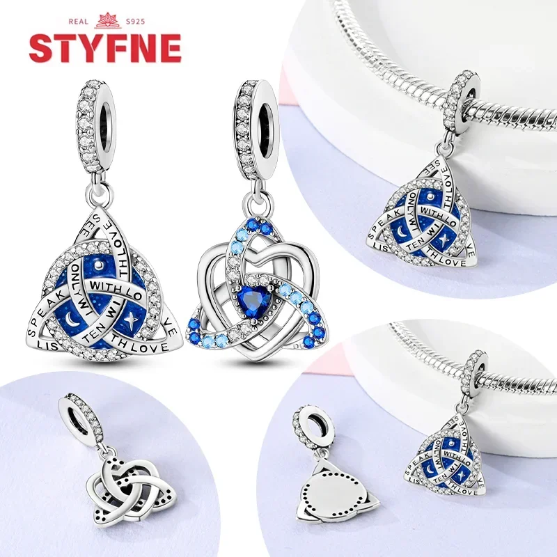 Sterling Silver S925 Heart Celtic Knot Charms Blue Beads Pendants Fit Original Bracelet Fine DIY Jewelry Gifts for Women Making