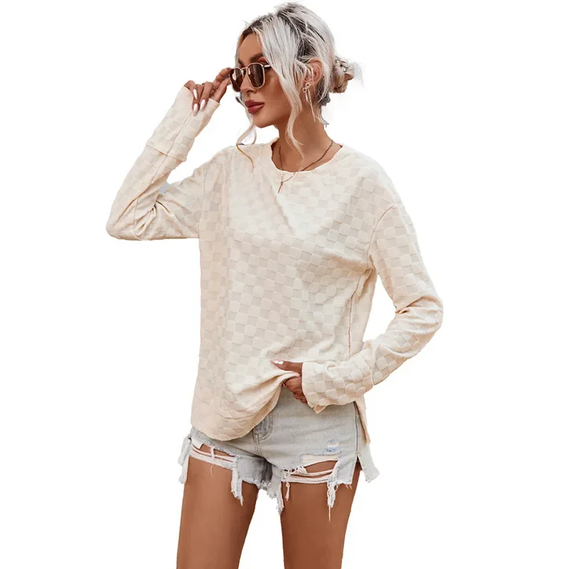 2024 New Women's Checkerboard Plaid Tops Simple Fashion O Neck Long Sleeve Pullovers Spring Autumn All-Match T-shirts NASY0019