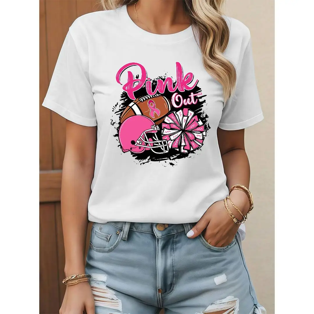 

Pink Out Breast Cancer Awareness T-Shirt, Football Cheerleading Support Graphic Tee, Women Hope Fighter Survivor Gift Top