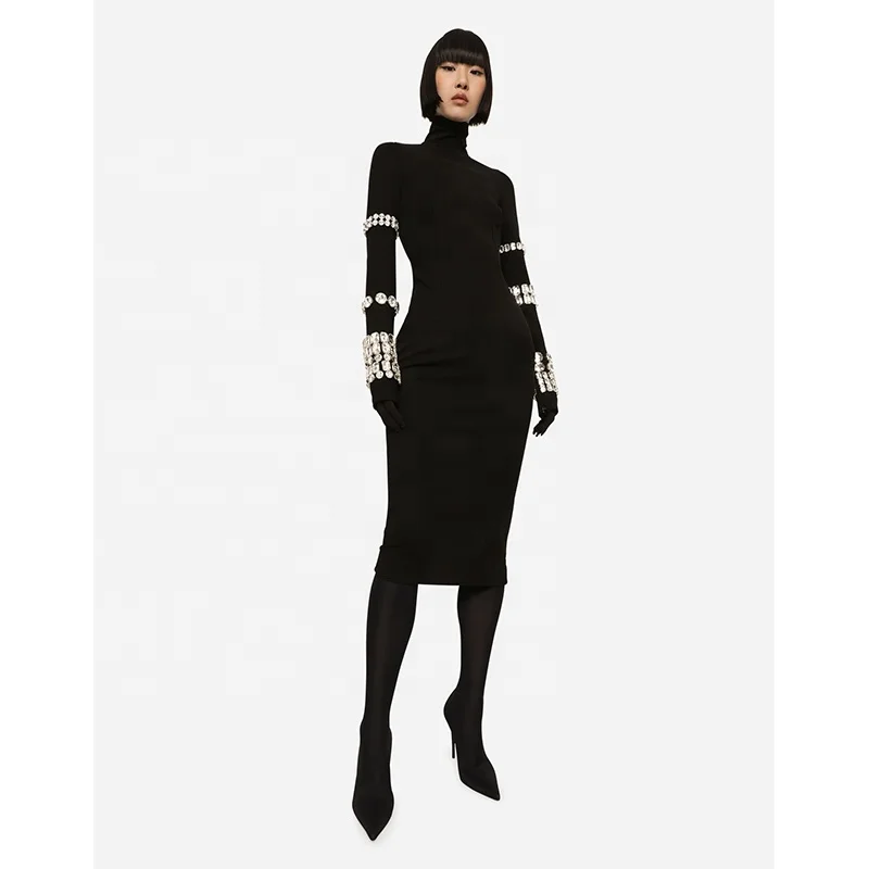 

Fast Shipping Women Long Sleeves Midi Dress Black Beaded Spandex Ladies Party Dress