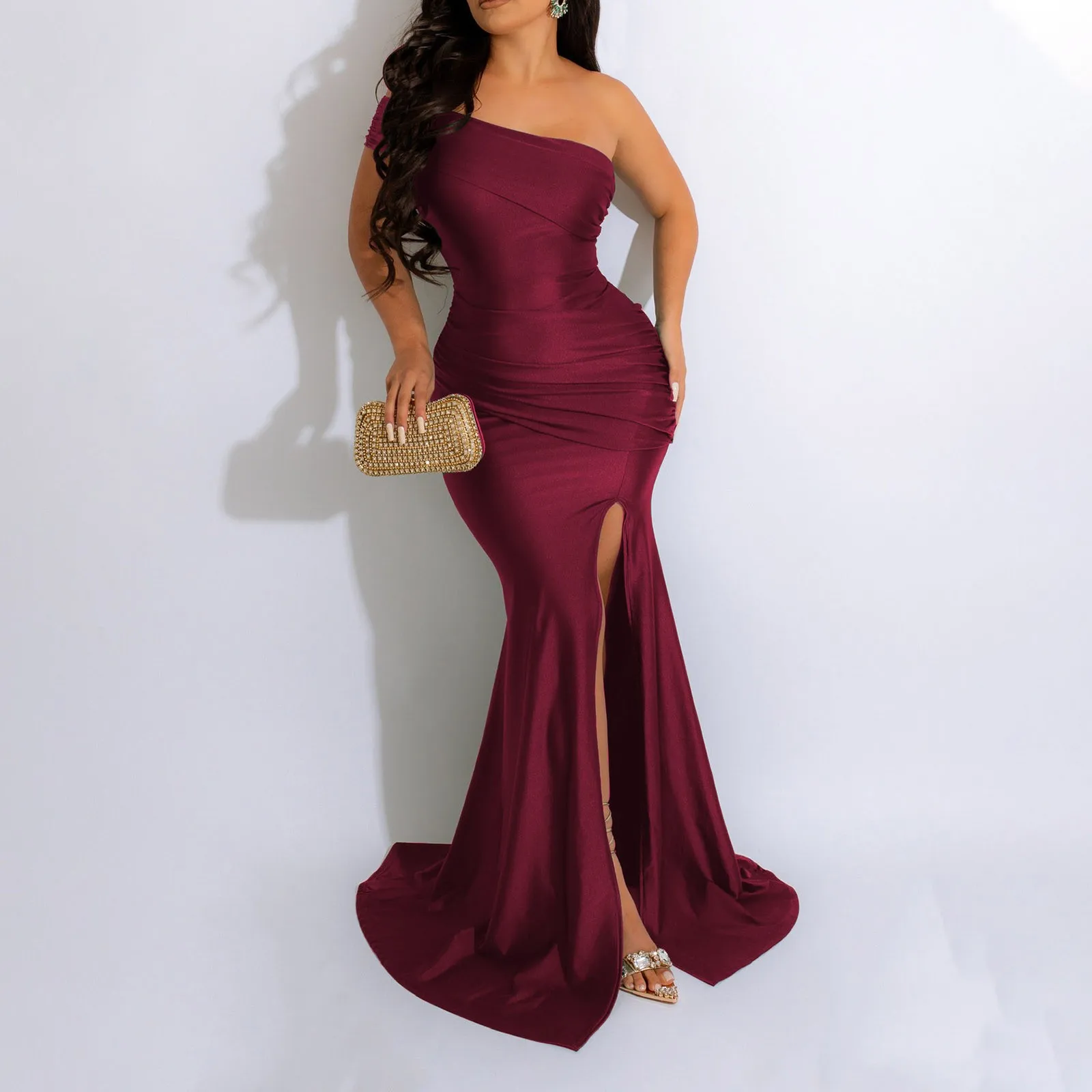 Elegant One Shoulder Split Mermaid Long Dresses for Women Evening Night Party Sleeveless Ruched Formal Prom Wedding Guest Dress