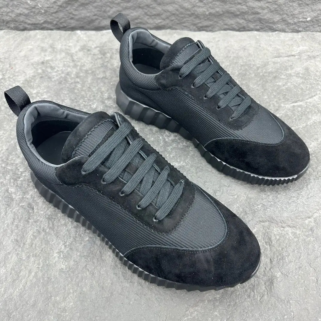 Unisex Matte Black Casual Shoes Breathable Woven Fabric Patchwork Non-slip Chunky Serrated Sole Sneakers