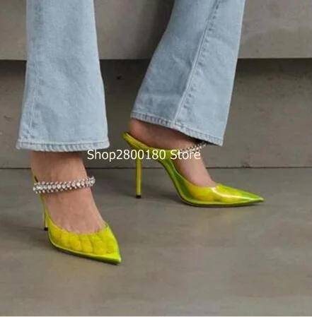 Yellow Transparent PVC Crystal Strap Pointed Toe Slippers Women Shallow Slip On Runway Patent Leather Thin Heels Party Slides