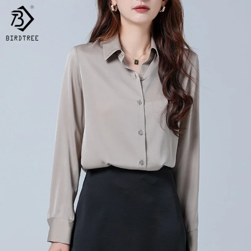 Birdtree, 93 % Maulbeerseide, 7 % Elasthan, solide Bluse, Damen-Revers-Freizeitoberteile, Hemd mit langen Ärmeln, einreihig, 2025 neu T5D622JF