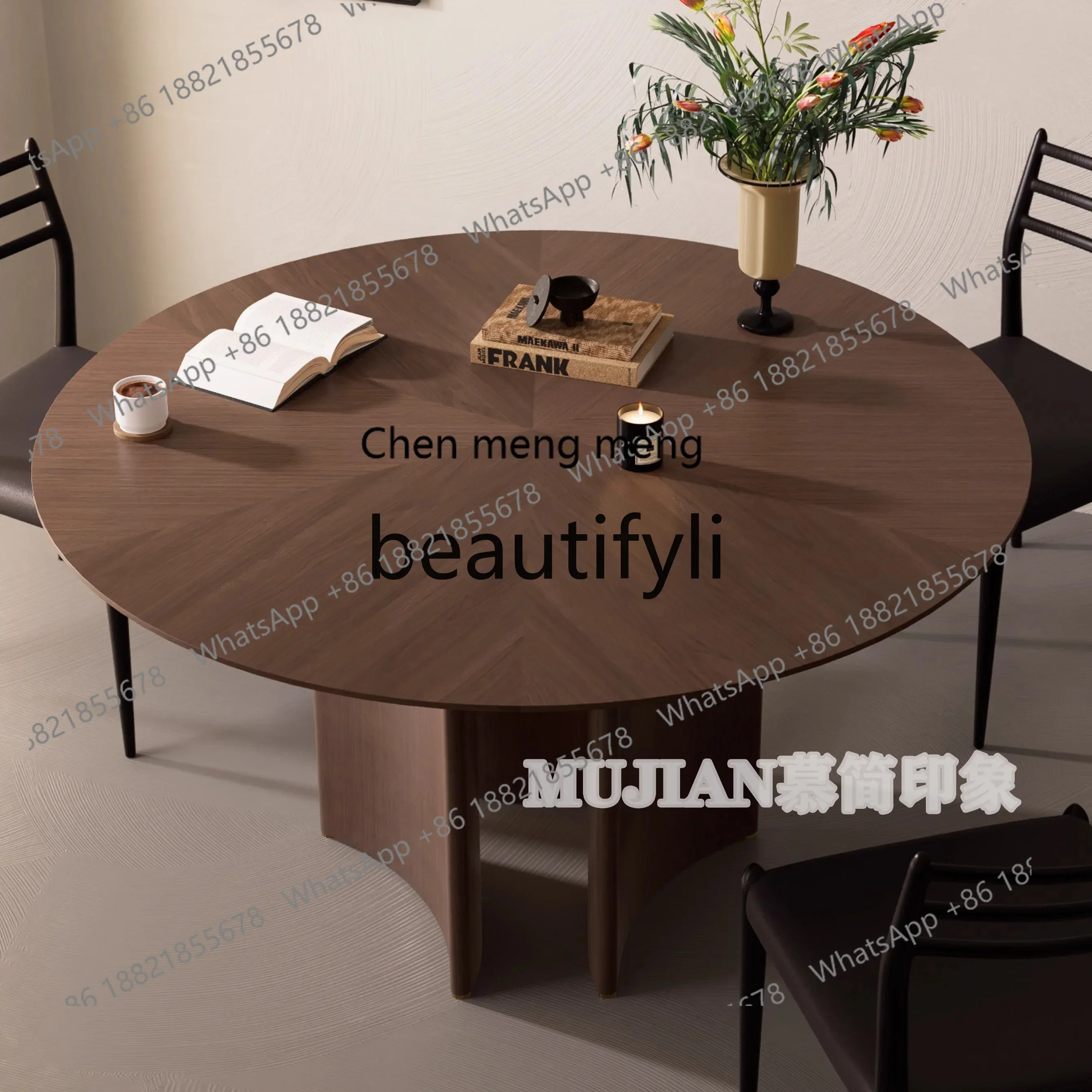 

North American Black Walnut Wababi Wind Round Dining Table and Chairs Italian Minimalist Restaurant Medieval Round Table2936
