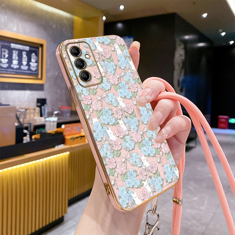 A 14 Blue Flower Luxury Plating Phone Case For Samsung A14 A12 A24 A10 A15 A02 A10 A32 A04 A21S A23 A25 A31 A22 A05 A13 Cover